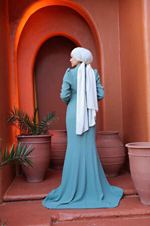 -Boncuk Detaylı Mint Tesettür Abiye Elbise 49651MINT