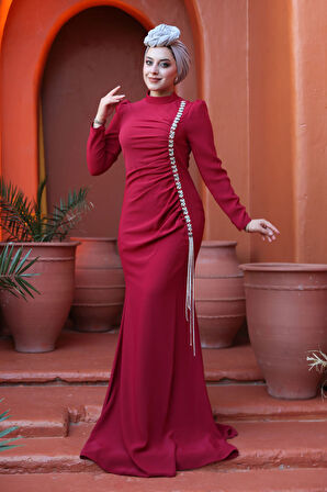 -Boncuk Detaylı Bordo Tesettür Abiye Elbise 49651BR