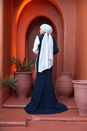 Boncuk Detaylı Lacivert Beyaz Tesettür Abiye Elbise 49651LB