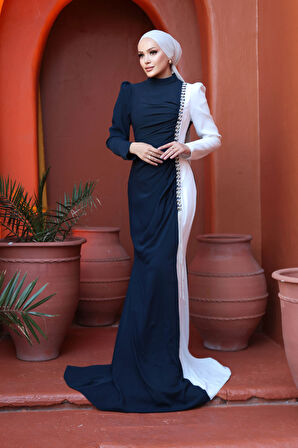 Boncuk Detaylı Lacivert Beyaz Tesettür Abiye Elbise 49651LB
