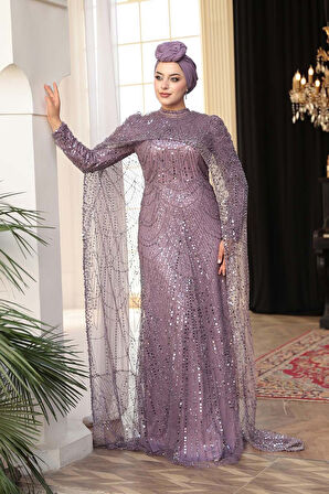 - Pelerin Detaylı Boncuk İşlemeli Lila Tesettür Abiye Elbise 52361LILA