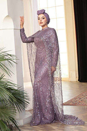 - Pelerin Detaylı Boncuk İşlemeli Lila Tesettür Abiye Elbise 52361LILA