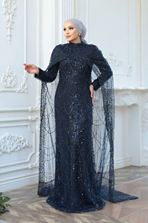 - Pelerin Detaylı Boncuk İşlemeli Lacivert Tesettür Abiye Elbise 52361L