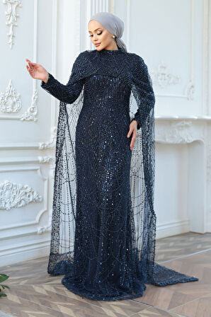 - Pelerin Detaylı Boncuk İşlemeli Lacivert Tesettür Abiye Elbise 52361L