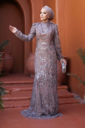 - Boncuk İşlemeli Vizon Tesettür Abiye Elbise 51812V