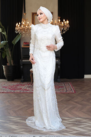 - Boncuk İşlemeli Ekru Tesettür Abiye Elbise 51636E