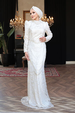 - Boncuk İşlemeli Ekru Tesettür Abiye Elbise 51636E