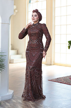 - Boncuk İşlemeli Kahverengi Tesettür Abiye Elbise 51636KH