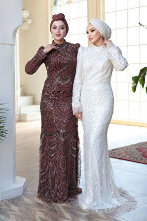 - Boncuk İşlemeli Kahverengi Tesettür Abiye Elbise 51636KH