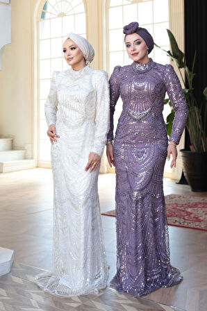 - Boncuk İşlemeli Lila Tesettür Abiye Elbise 51636LILA