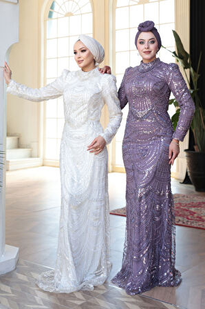 - Boncuk İşlemeli Lila Tesettür Abiye Elbise 51636LILA