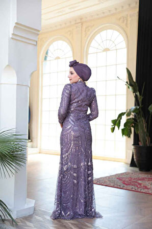 - Boncuk İşlemeli Lila Tesettür Abiye Elbise 51636LILA