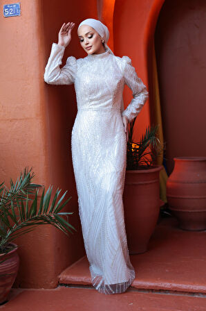 - Boncuk İşlemeli Ekru Tesettür Abiye Elbise 51403E