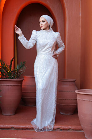 - Boncuk İşlemeli Ekru Tesettür Abiye Elbise 51403E