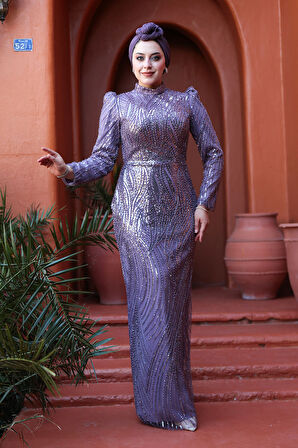 - Boncuk İşlemeli Lila Tesettür Abiye Elbise 51403LILA