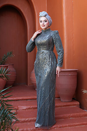 - Boncuk İşlemeli Haki Tesettür Abiye Elbise 51403HK