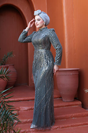 - Boncuk İşlemeli Haki Tesettür Abiye Elbise 51403HK