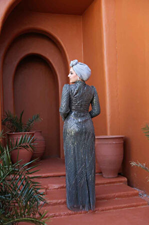 - Boncuk İşlemeli Haki Tesettür Abiye Elbise 51403HK