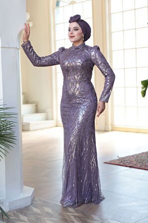 - Boncuk İşlemeli Lila Tesettür Abiye Elbise 51532LILA