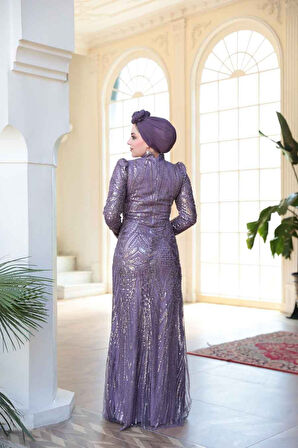 - Boncuk İşlemeli Lila Tesettür Abiye Elbise 51532LILA