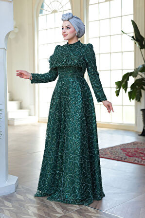- Boncuk İşlemeli Zümrüt Yeşili Tesettür Abiye Elbise 51292ZY