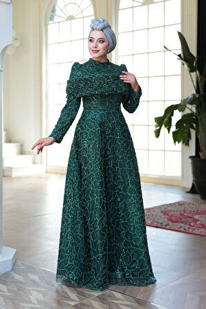 - Boncuk İşlemeli Zümrüt Yeşili Tesettür Abiye Elbise 51292ZY