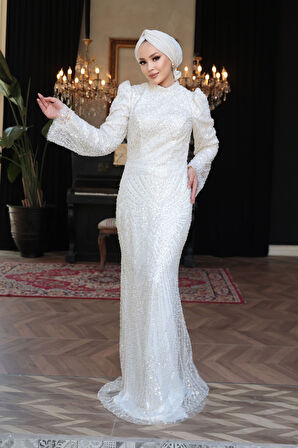 - Boncuk İşlemeli Ekru Tesettür Abiye Elbise 51581E