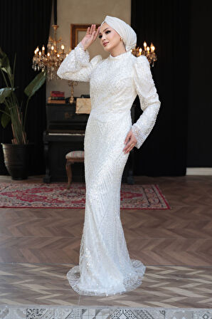 - Boncuk İşlemeli Ekru Tesettür Abiye Elbise 51581E