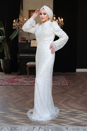 - Boncuk İşlemeli Ekru Tesettür Abiye Elbise 51581E