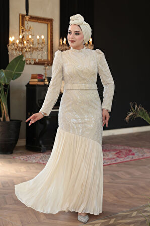 Boncuk İşlemeli Krem Tesettür Abiye Elbise 51621KR