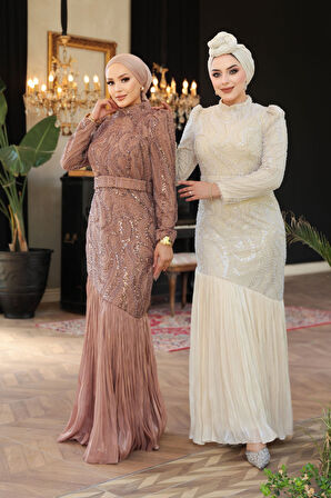 Boncuk İşlemeli Krem Tesettür Abiye Elbise 51621KR