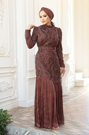 Boncuk İşlemeli Kahverengi Tesettür Abiye Elbise 51621KH