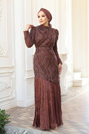 Boncuk İşlemeli Kahverengi Tesettür Abiye Elbise 51621KH