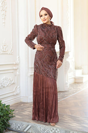 Boncuk İşlemeli Kahverengi Tesettür Abiye Elbise 51621KH
