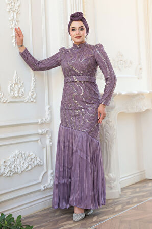Boncuk İşlemeli Lila Tesettür Abiye Elbise 51621LILA