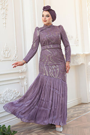 Boncuk İşlemeli Lila Tesettür Abiye Elbise 51621LILA