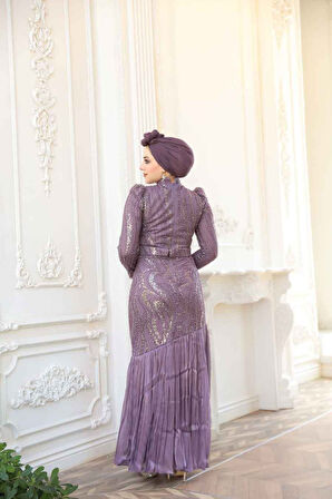 Boncuk İşlemeli Lila Tesettür Abiye Elbise 51621LILA