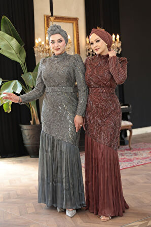 Boncuk İşlemeli Gri Tesettür Abiye Elbise 51621GR