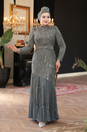 Boncuk İşlemeli Gri Tesettür Abiye Elbise 51621GR