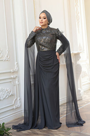 - Pelerin Detaylı Füme Tesettür Abiye Elbise 52592FU