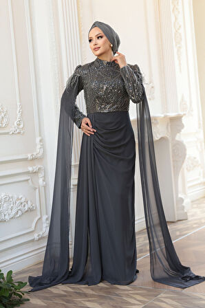 - Pelerin Detaylı Füme Tesettür Abiye Elbise 52592FU
