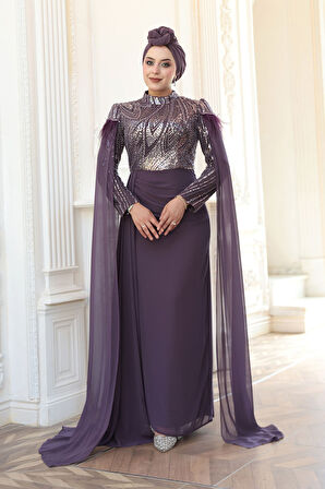 - Pelerin Detaylı Koyu Lila Tesettür Abiye Elbise 52592KLILA