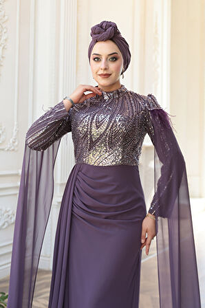 - Pelerin Detaylı Koyu Lila Tesettür Abiye Elbise 52592KLILA