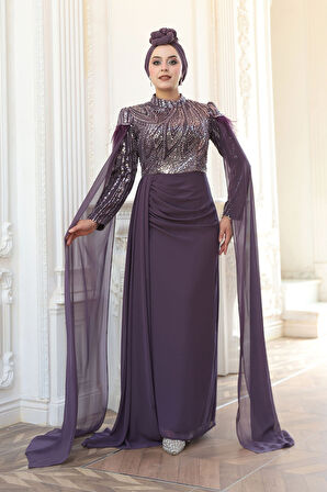 - Pelerin Detaylı Koyu Lila Tesettür Abiye Elbise 52592KLILA