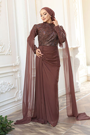 - Pelerin Detaylı Kahverengi Tesettür Abiye Elbise 52592KH