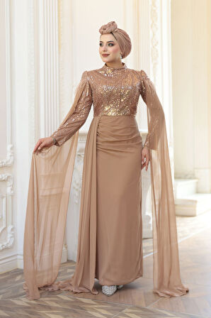  Pelerin Detaylı Vizon Tesettür Abiye Elbise 52592V