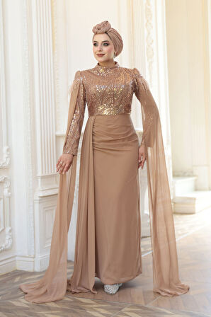  Pelerin Detaylı Vizon Tesettür Abiye Elbise 52592V