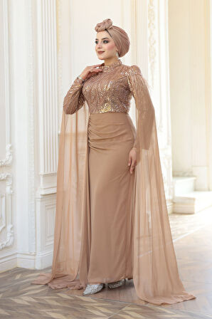  Pelerin Detaylı Vizon Tesettür Abiye Elbise 52592V