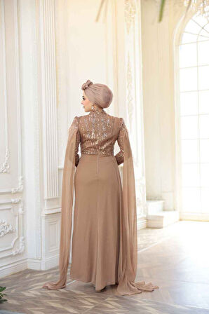  Pelerin Detaylı Vizon Tesettür Abiye Elbise 52592V