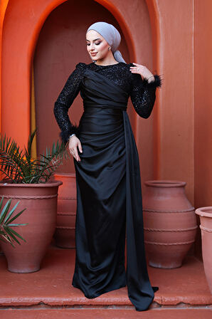 Boncuk İşlemeli Siyah Tesettür Abiye Elbise 52151S